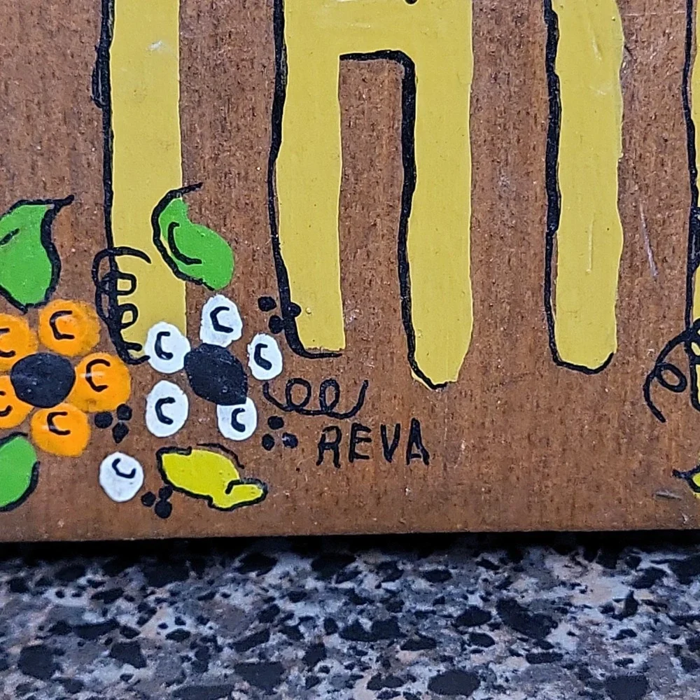 VTG Hand Painted Wood Wall Plaque THINK THIN‎ Signed REVA Folk Decor Cottagecore